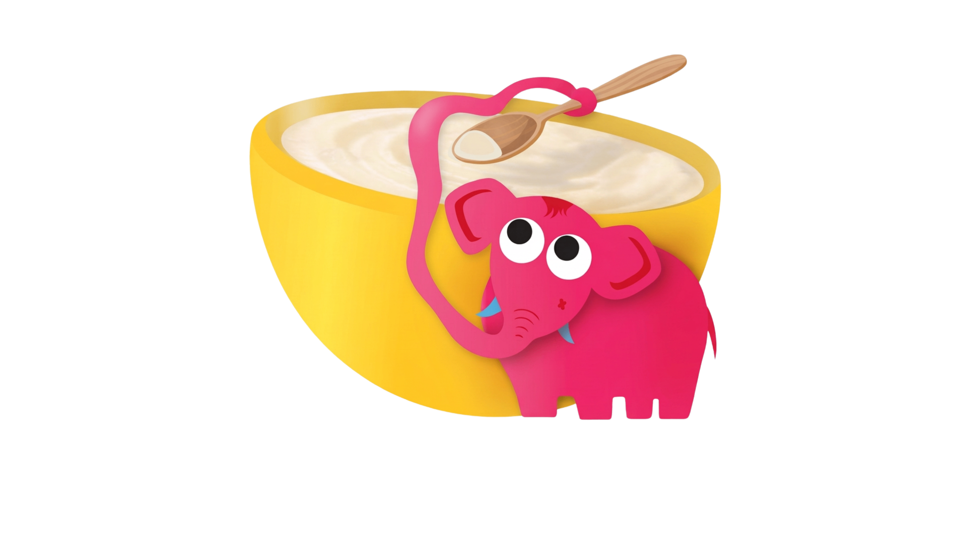 Jolly the pink elephant with a wooden spoon and bowl of Jolly Baby cereal