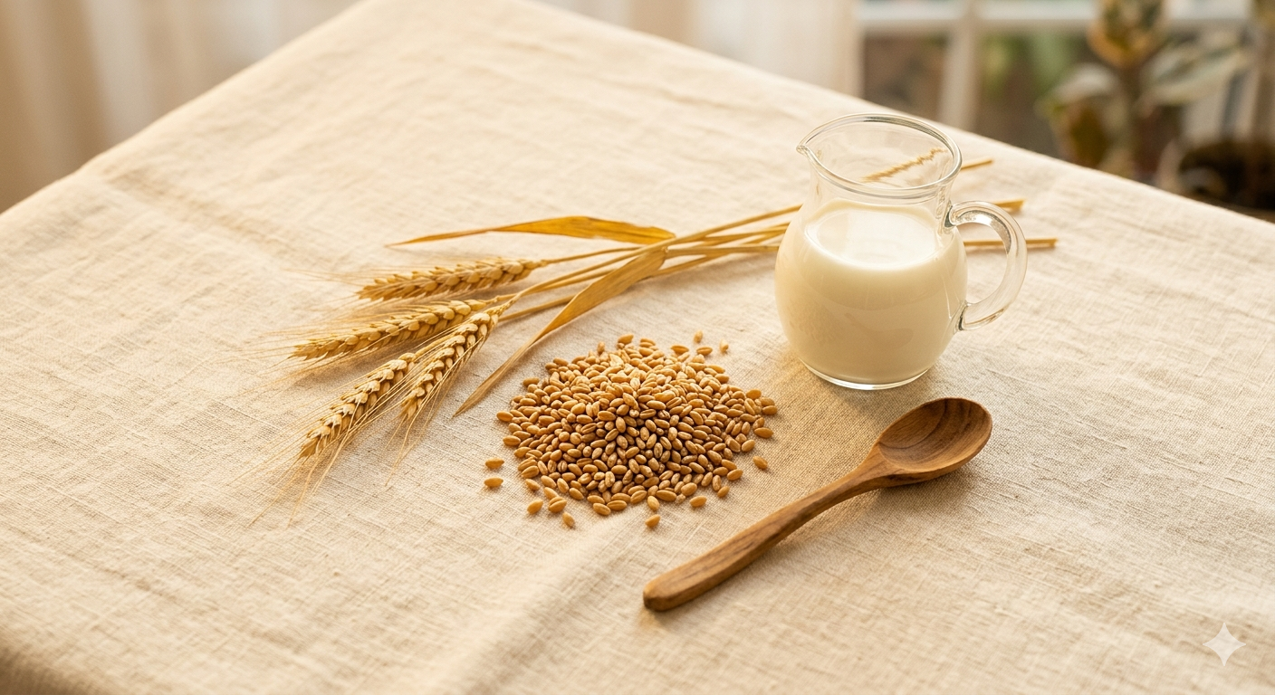 Wheat stalks, grains, milk jug and a wooden spoon on linen – Jolly Baby ingredients